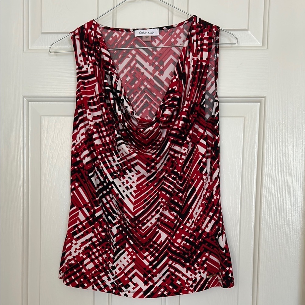 Calvin Klein Ruched Red and Black Blouse Size S